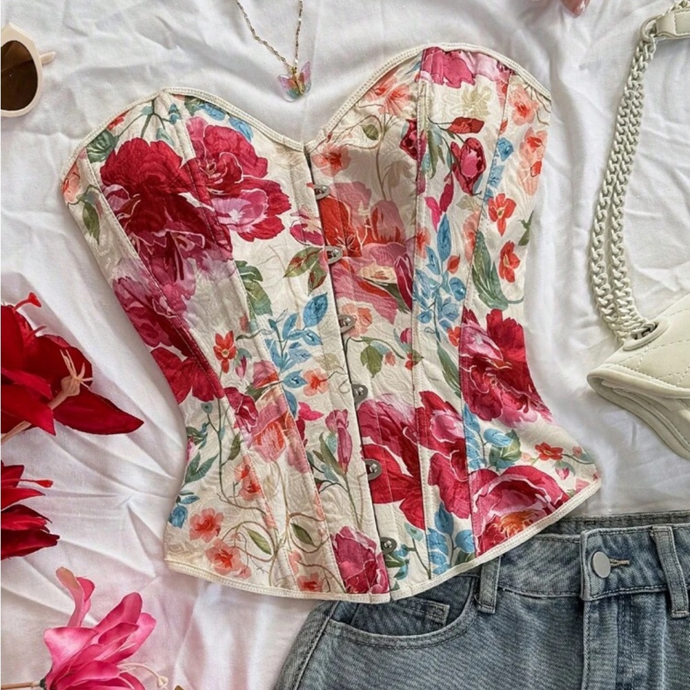 Floral Sweetheart Corset Top - White with Pink & Red Blooms